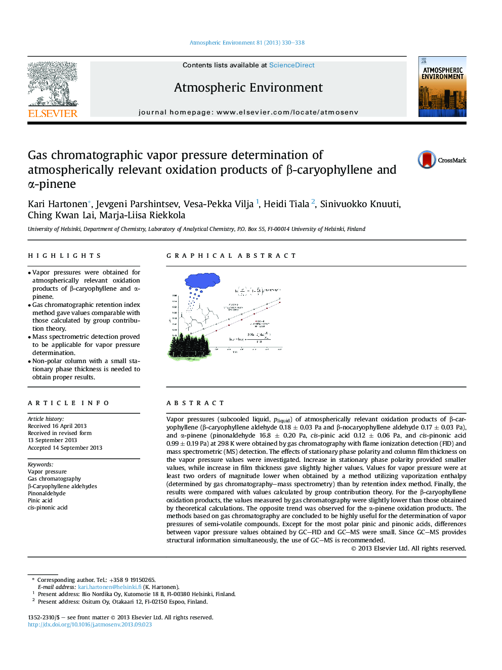 Gas chromatographic vapor pressure determination of atmospherically relevant oxidation products of Î²-caryophyllene and Î±-pinene