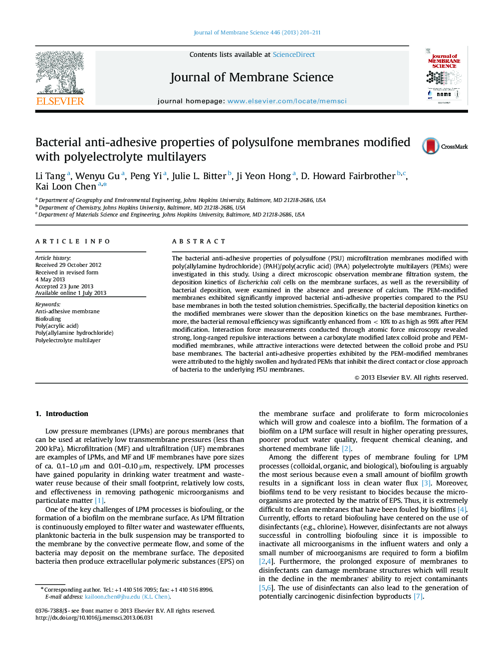 Bacterial anti-adhesive properties of polysulfone membranes modified with polyelectrolyte multilayers