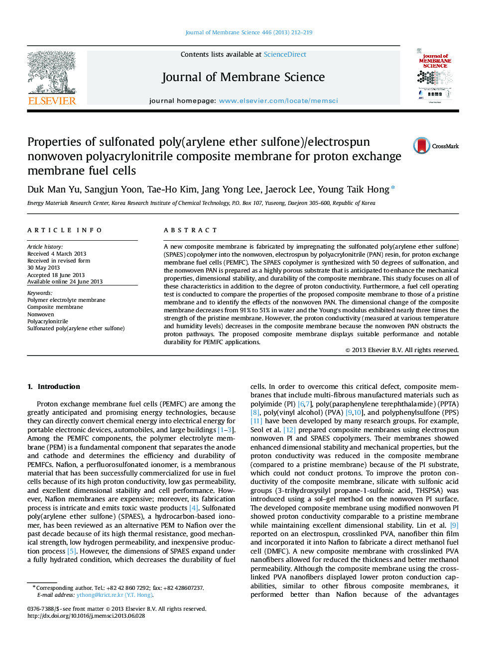 Properties of sulfonated poly(arylene ether sulfone)/electrospun nonwoven polyacrylonitrile composite membrane for proton exchange membrane fuel cells