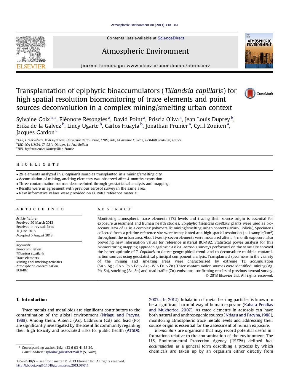 Transplantation of epiphytic bioaccumulators (Tillandsia capillaris) for high spatial resolution biomonitoring of trace elements and point sources deconvolution in a complex mining/smelting urban context