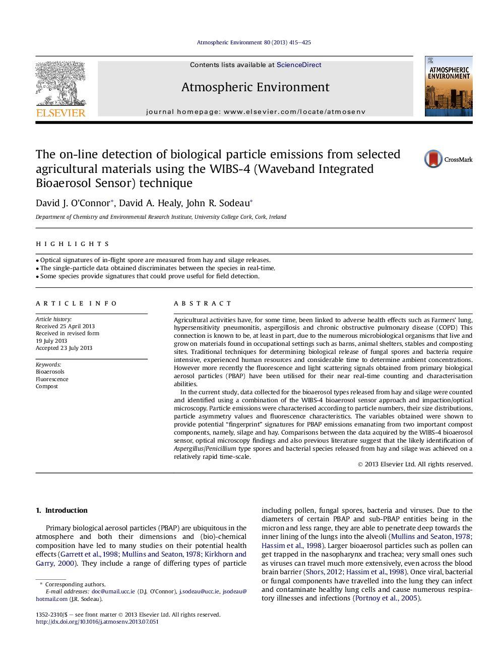 The on-line detection of biological particle emissions from selected agricultural materials using the WIBS-4 (Waveband Integrated Bioaerosol Sensor) technique