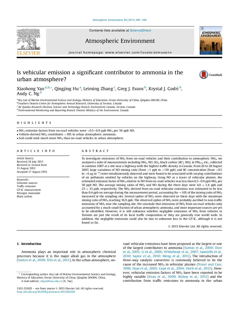 Is vehicular emission a significant contributor to ammonia in the urban atmosphere?