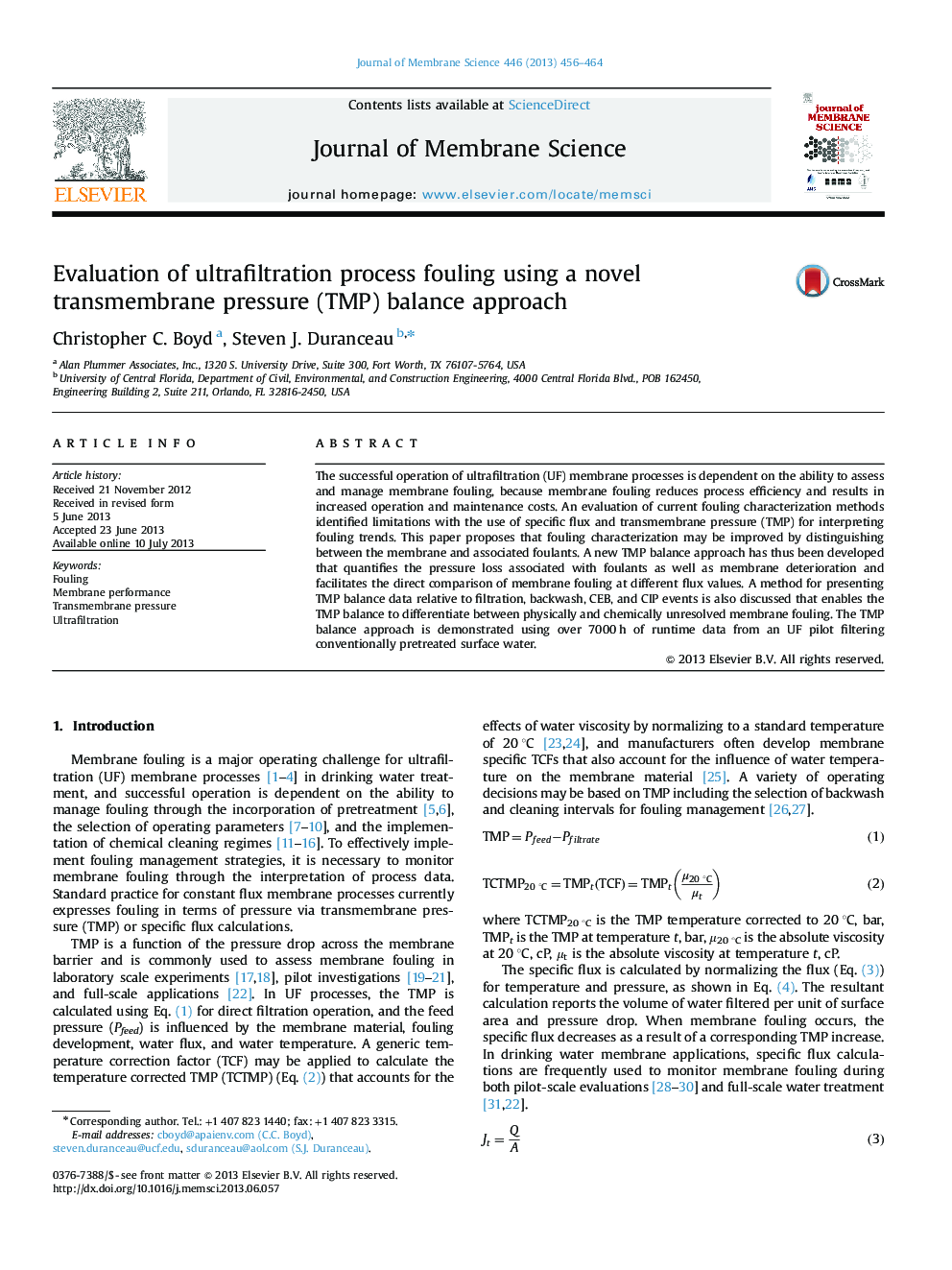 Evaluation of ultrafiltration process fouling using a novel transmembrane pressure (TMP) balance approach