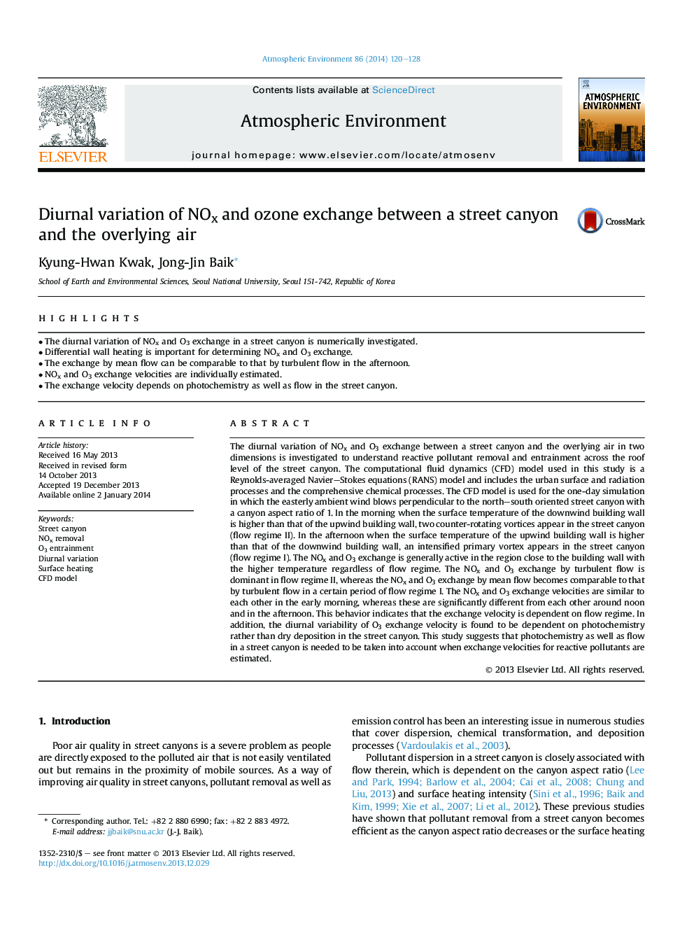 Diurnal variation of NOx and ozone exchange between a street canyon and the overlying air