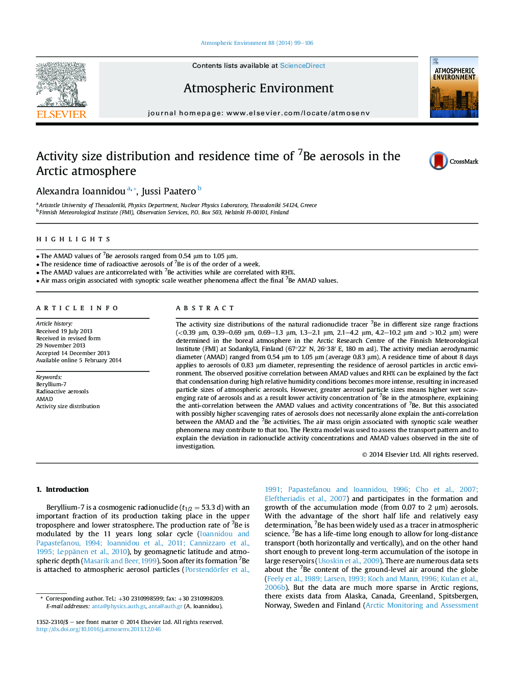 Activity size distribution and residence time of 7Be aerosols in the Arctic atmosphere