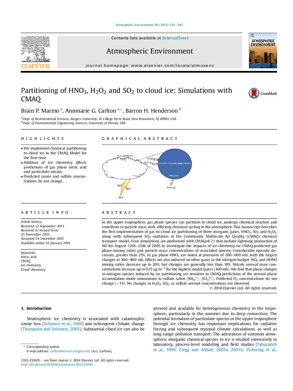 Partitioning of HNO3, H2O2 and SO2 to cloud ice: Simulations with CMAQ