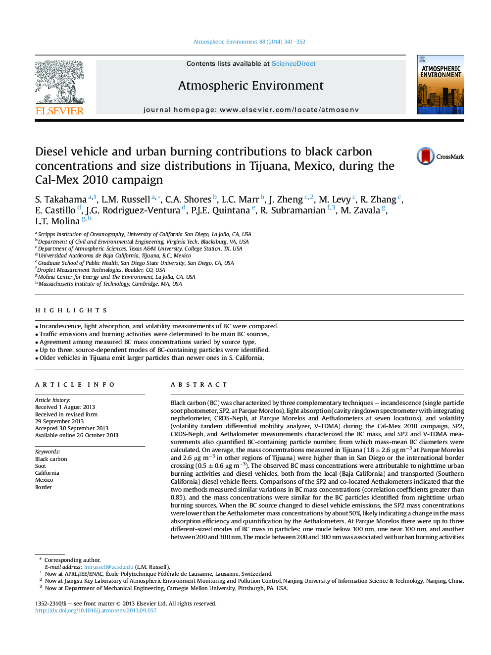 Diesel vehicle and urban burning contributions to black carbon concentrations and size distributions in Tijuana, Mexico, during the Cal-Mex 2010 campaign