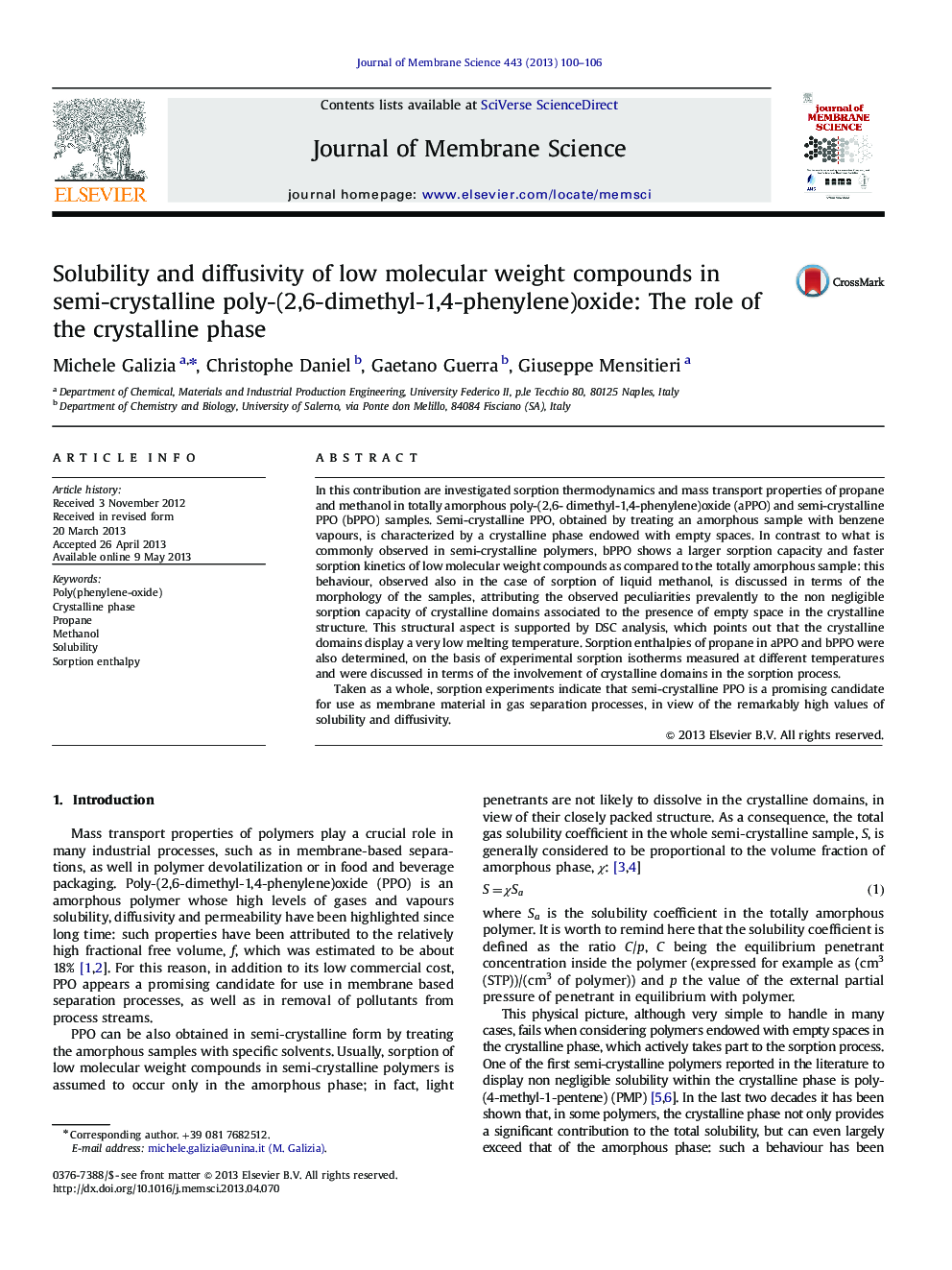 Solubility and diffusivity of low molecular weight compounds in semi-crystalline poly-(2,6-dimethyl-1,4-phenylene)oxide: The role of the crystalline phase