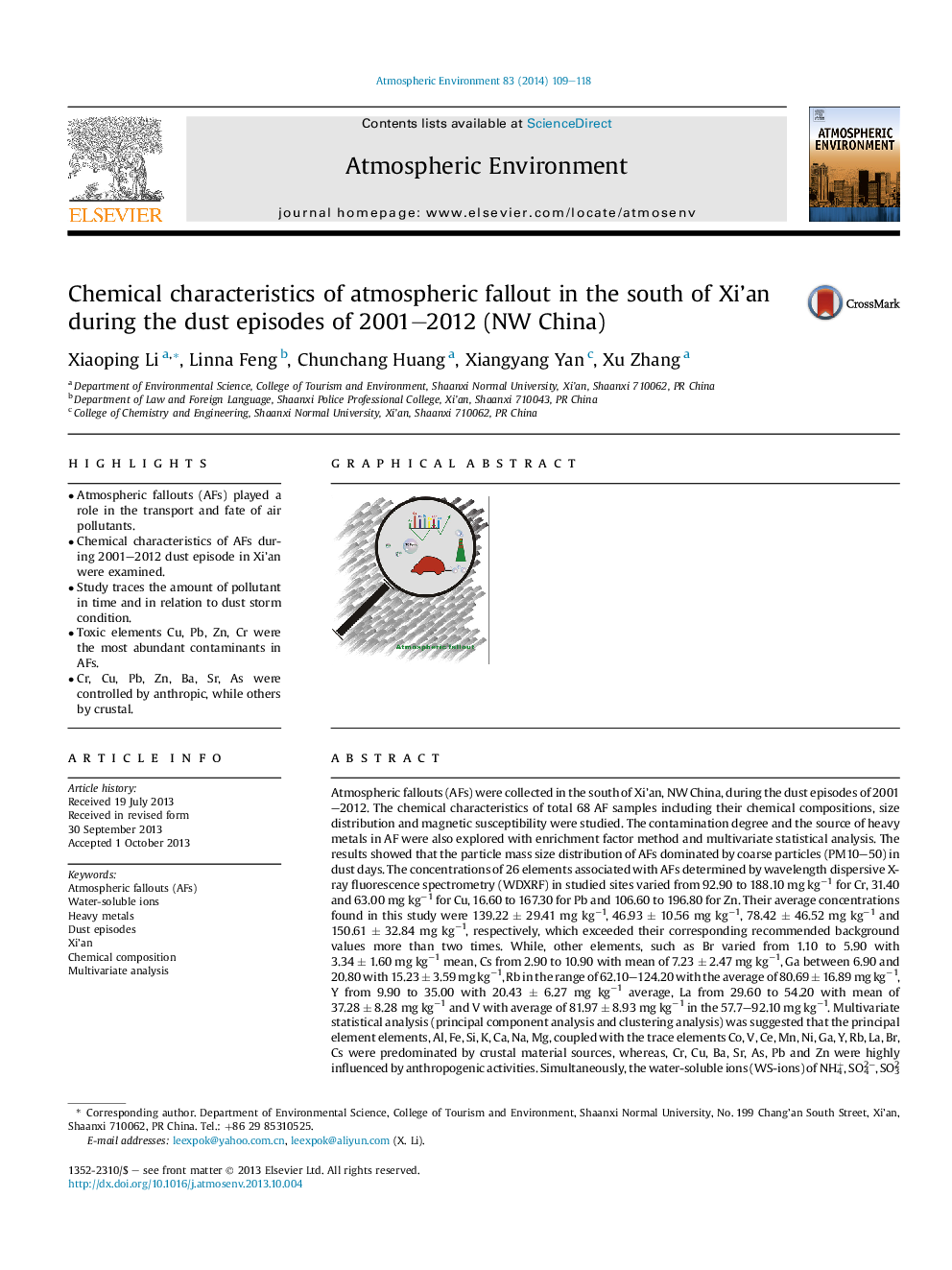 Chemical characteristics of atmospheric fallout in the south of Xi'an during the dust episodes of 2001-2012 (NW China)