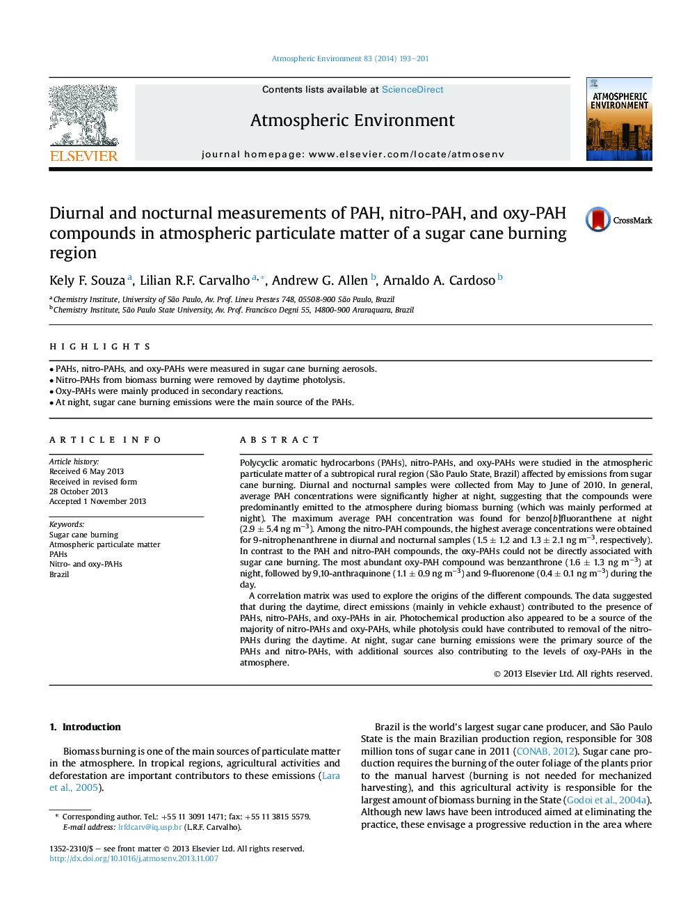 Diurnal and nocturnal measurements of PAH, nitro-PAH, and oxy-PAH compounds in atmospheric particulate matter of a sugar cane burning region