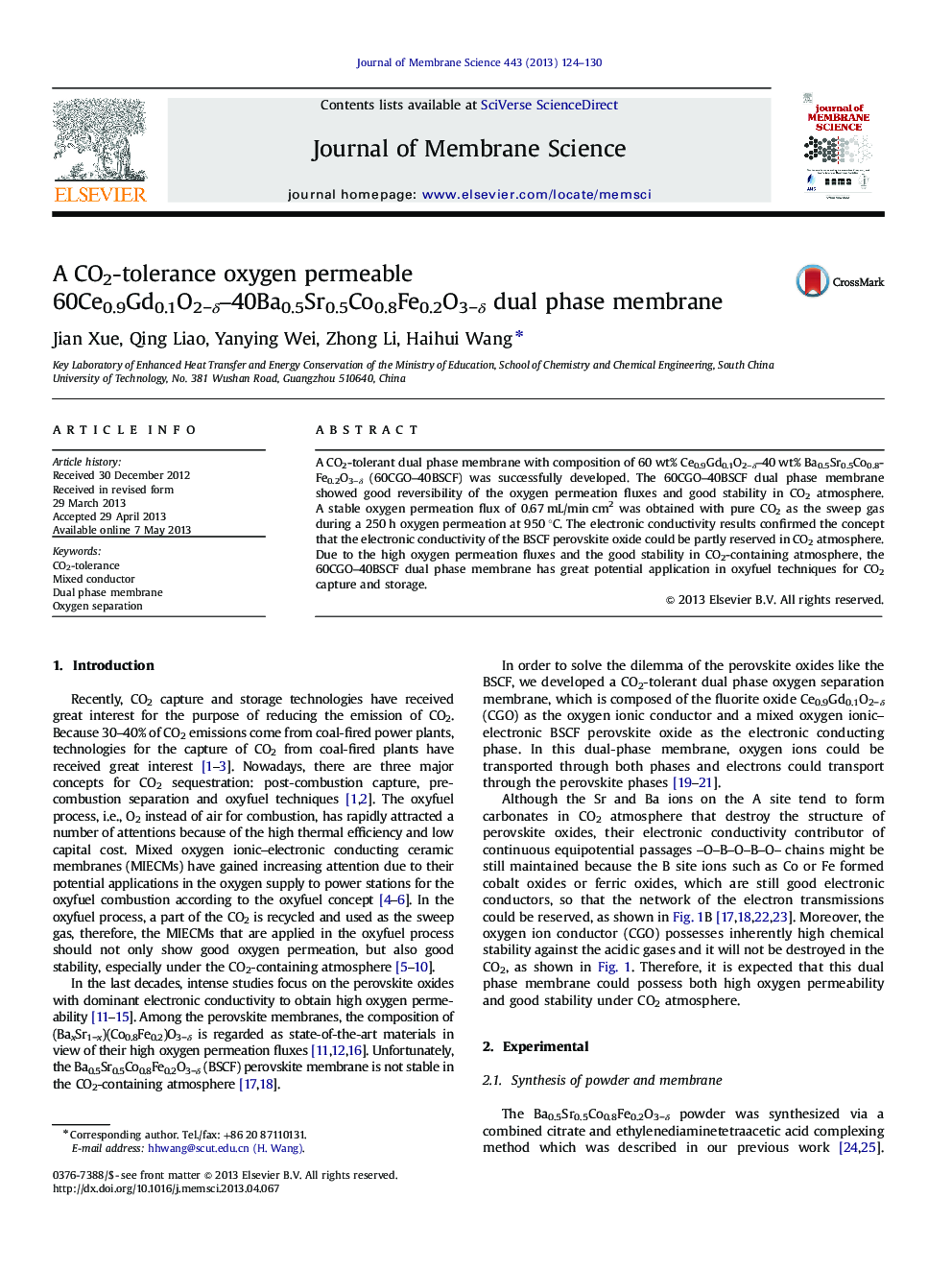 A CO2-tolerance oxygen permeable 60Ce0.9Gd0.1O2âÎ´-40Ba0.5Sr0.5Co0.8Fe0.2O3âÎ´ dual phase membrane