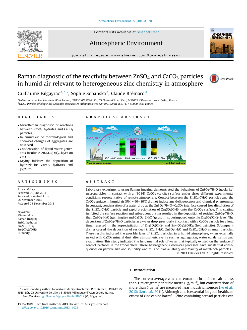 Raman diagnostic of the reactivity between ZnSO4 and CaCO3 particles in humid air relevant to heterogeneous zinc chemistry in atmosphere