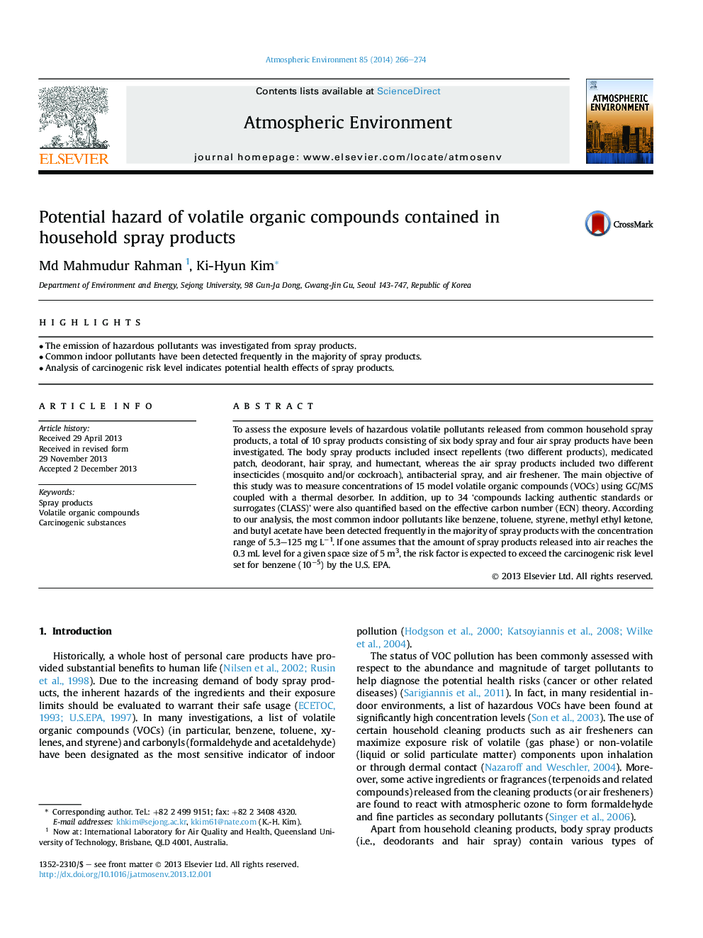 Potential hazard of volatile organic compounds contained in household spray products