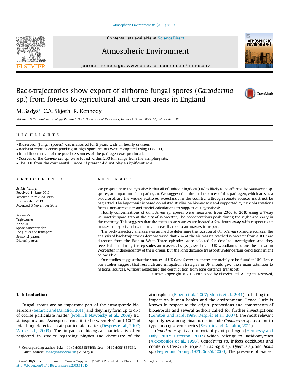 Back-trajectories show export of airborne fungal spores (Ganoderma sp.) from forests to agricultural and urban areas in England