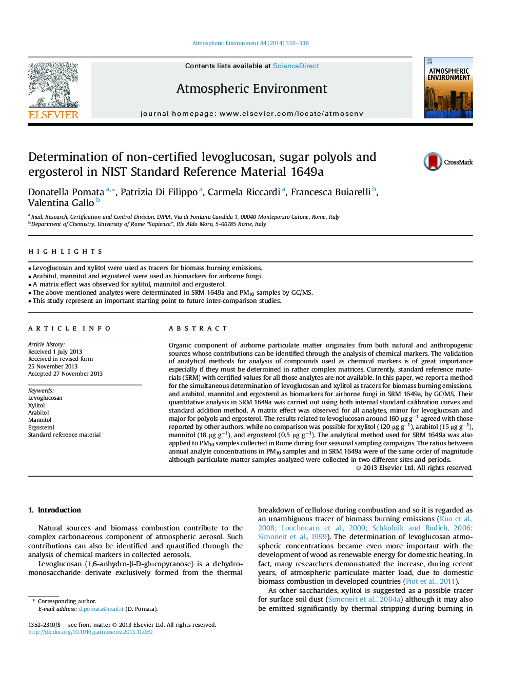 Determination of non-certified levoglucosan, sugar polyols and ergosterol in NIST Standard Reference Material 1649a