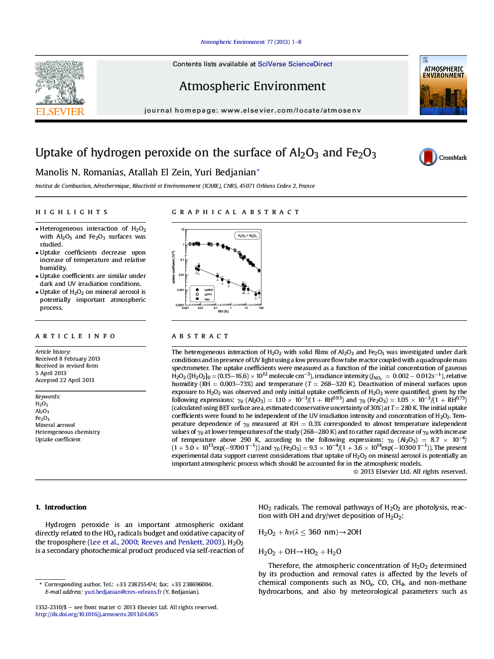 Uptake of hydrogen peroxide on the surface of Al2O3 and Fe2O3