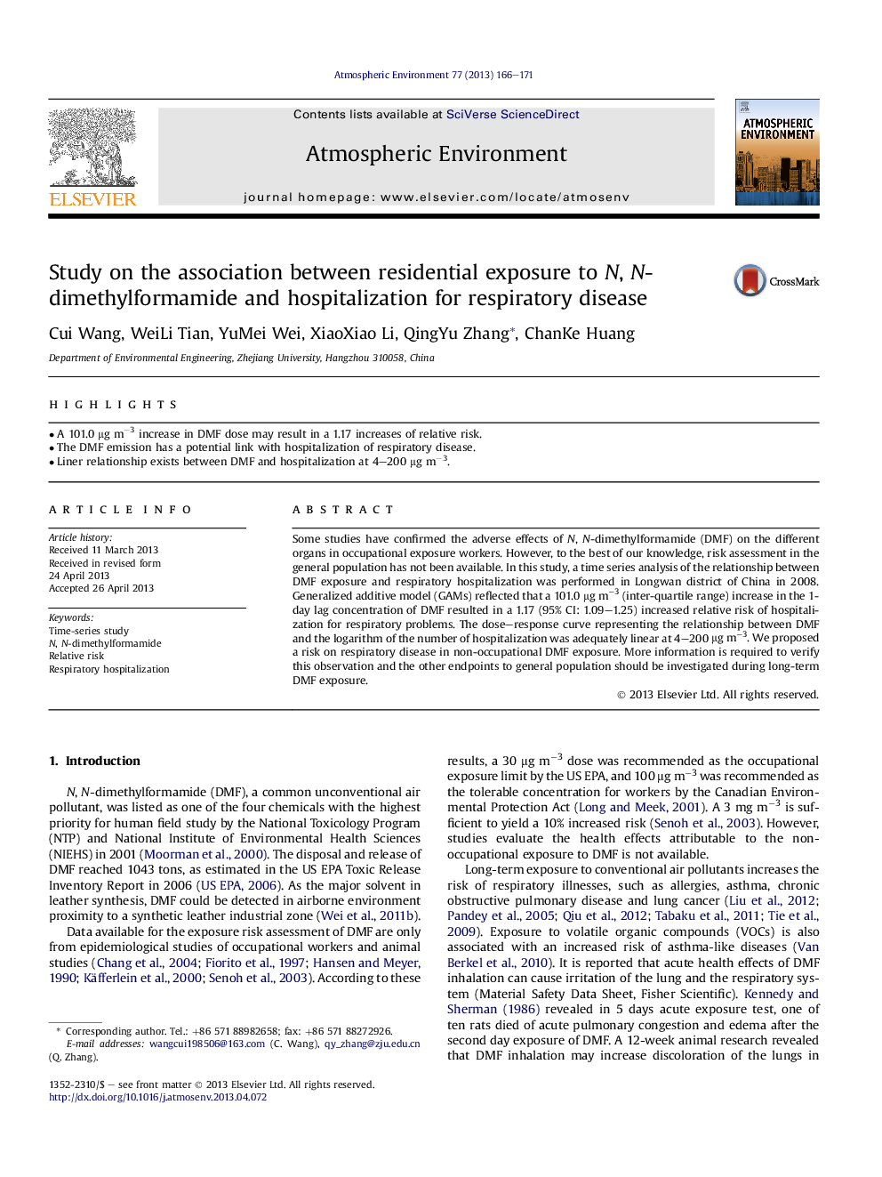 Study on the association between residential exposure to N, N-dimethylformamide and hospitalization for respiratory disease