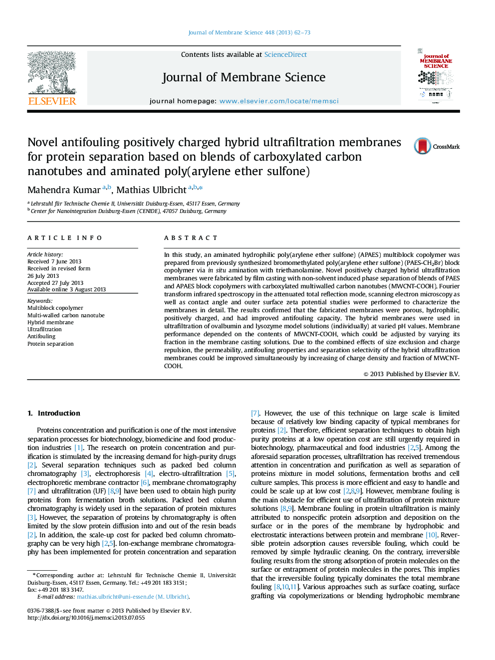Novel antifouling positively charged hybrid ultrafiltration membranes for protein separation based on blends of carboxylated carbon nanotubes and aminated poly(arylene ether sulfone)