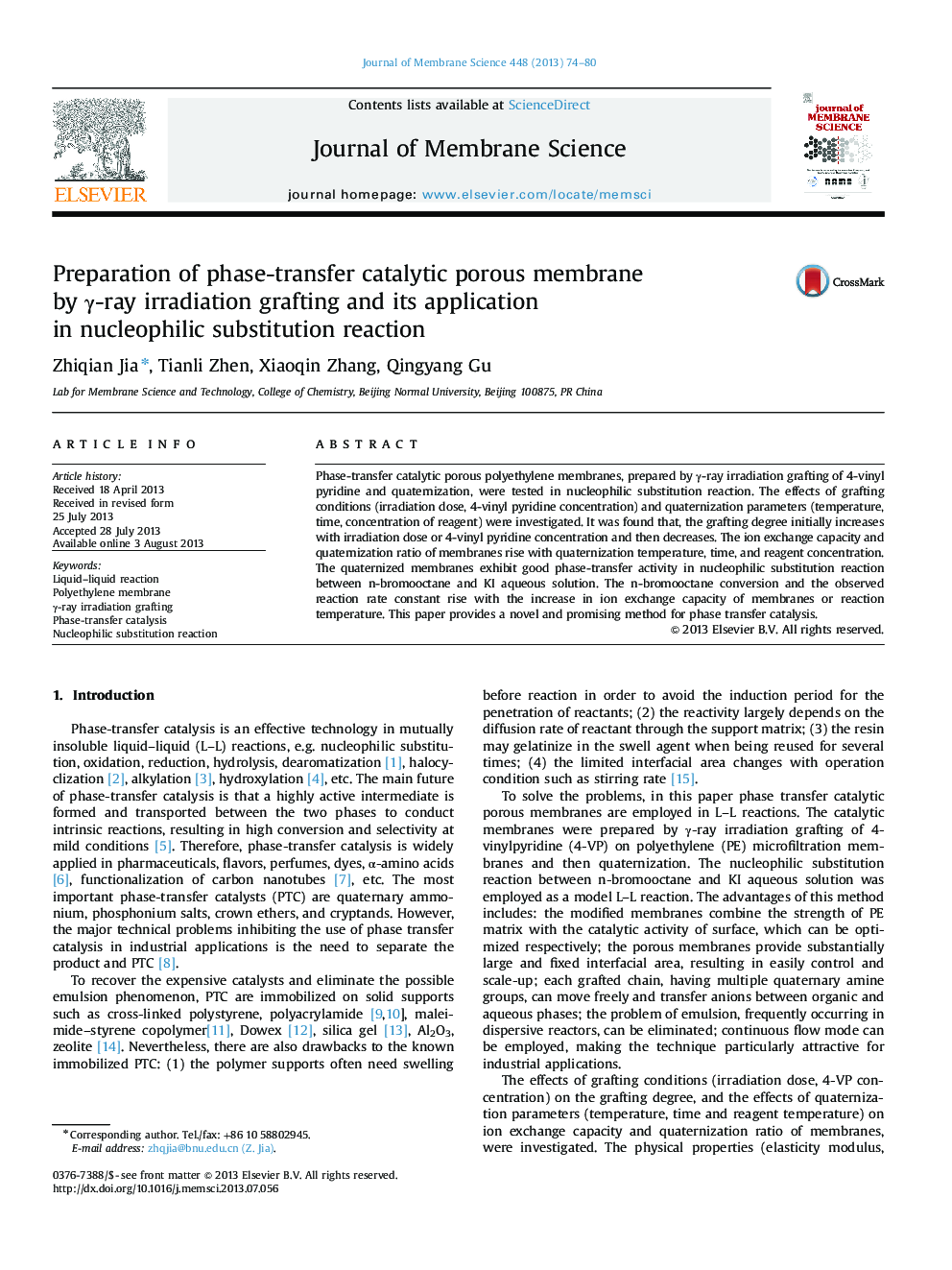 Preparation of phase-transfer catalytic porous membrane by γ-ray irradiation grafting and its application in nucleophilic substitution reaction