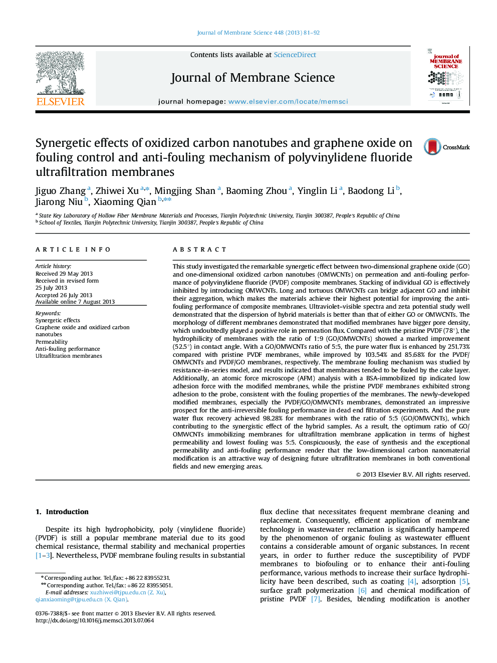 Synergetic effects of oxidized carbon nanotubes and graphene oxide on fouling control and anti-fouling mechanism of polyvinylidene fluoride ultrafiltration membranes