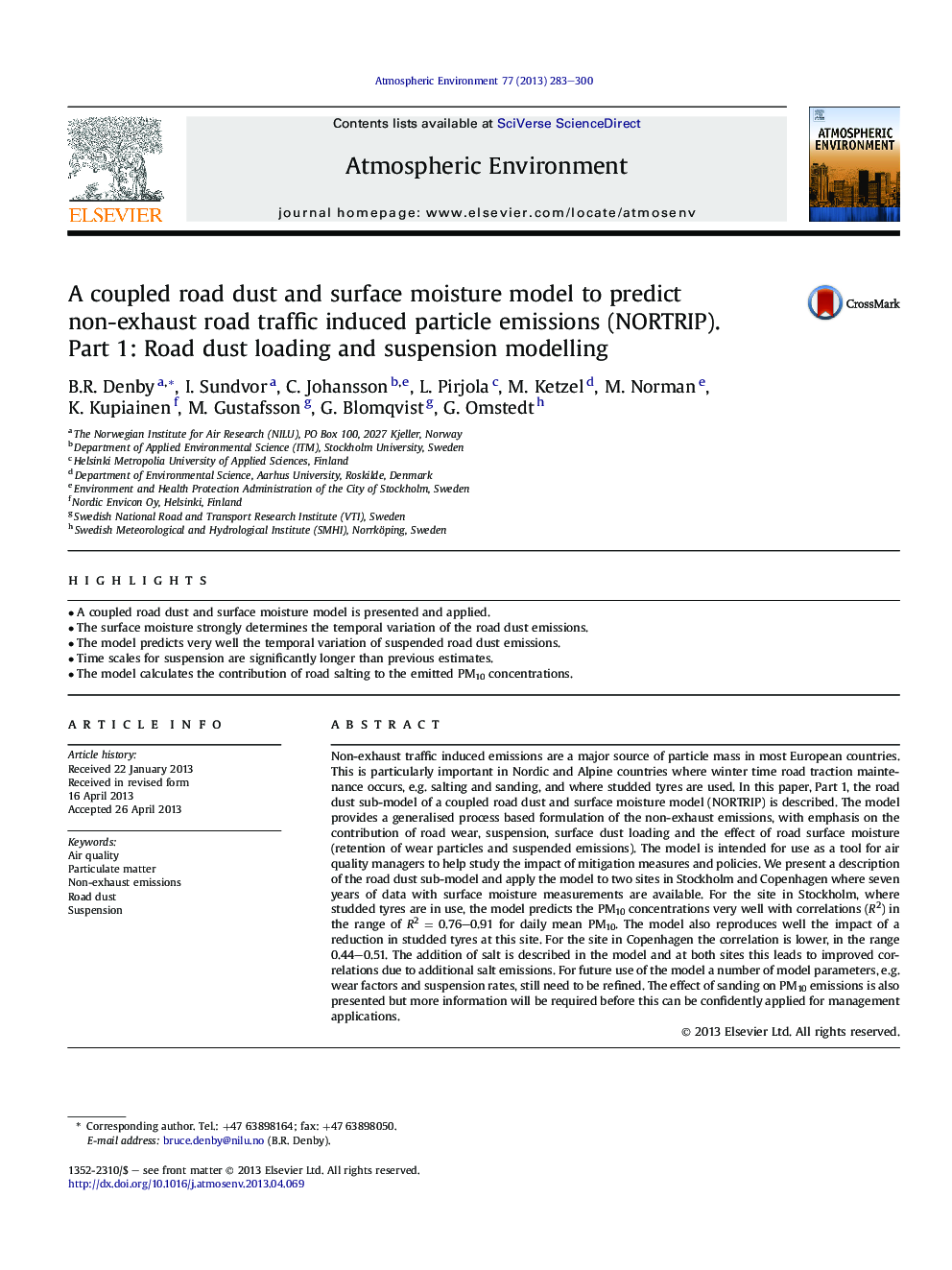 A coupled road dust and surface moisture model to predict non-exhaust road traffic induced particle emissions (NORTRIP). Part 1: Road dust loading and suspension modelling