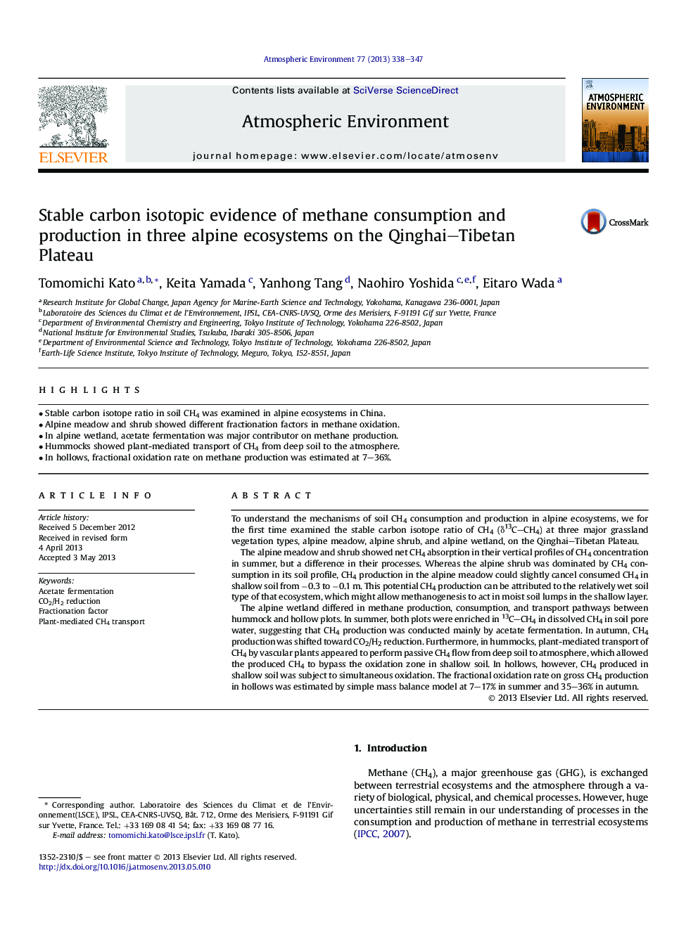 Stable carbon isotopic evidence of methane consumption and production in three alpine ecosystems on the Qinghai-Tibetan Plateau