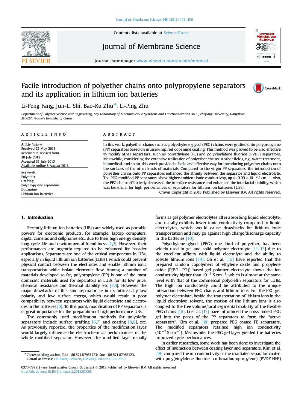 Facile introduction of polyether chains onto polypropylene separators and its application in lithium ion batteries