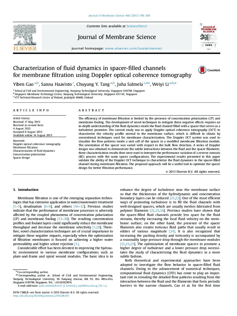 Characterization of fluid dynamics in spacer-filled channels for membrane filtration using Doppler optical coherence tomography