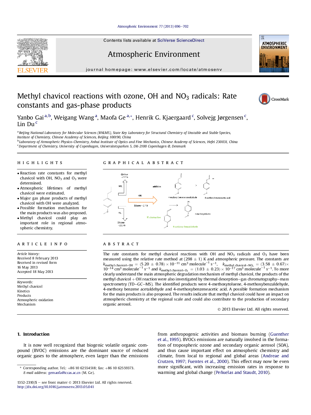 Methyl chavicol reactions with ozone, OH and NO3 radicals: Rate constants and gas-phase products