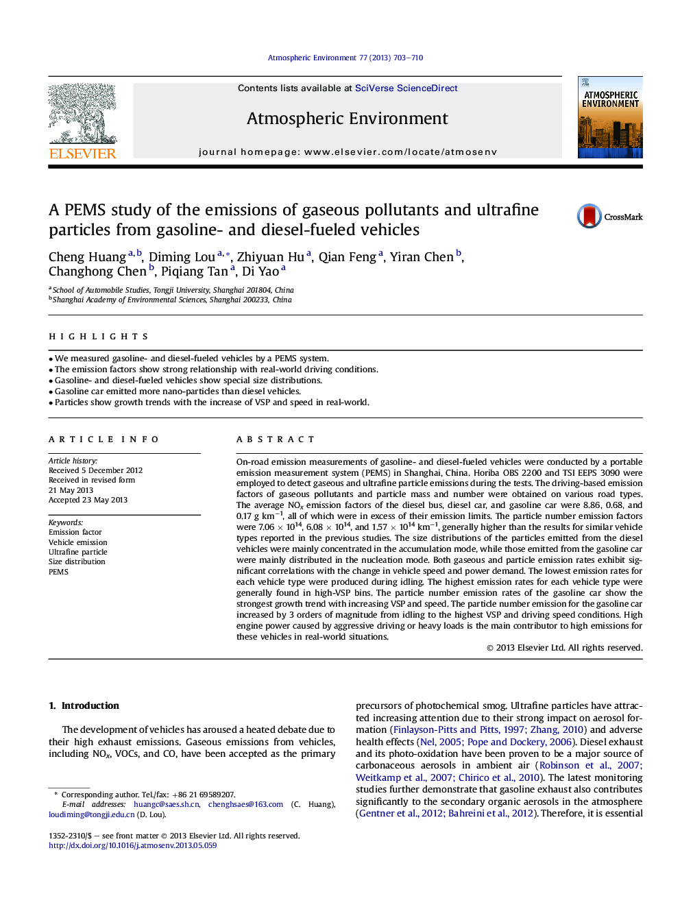 A PEMS study of the emissions of gaseous pollutants and ultrafine particles from gasoline- and diesel-fueled vehicles