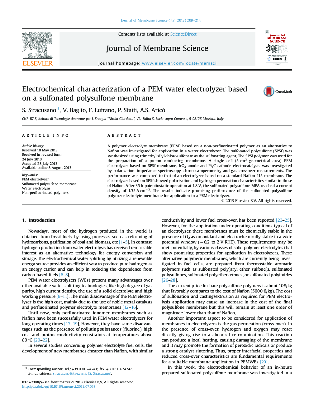 Electrochemical characterization of a PEM water electrolyzer based on a sulfonated polysulfone membrane