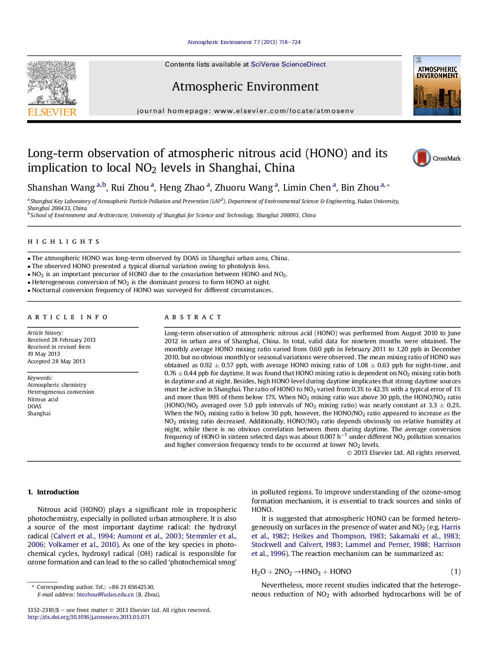 Long-term observation of atmospheric nitrous acid (HONO) and its implication to local NO2 levels in Shanghai, China