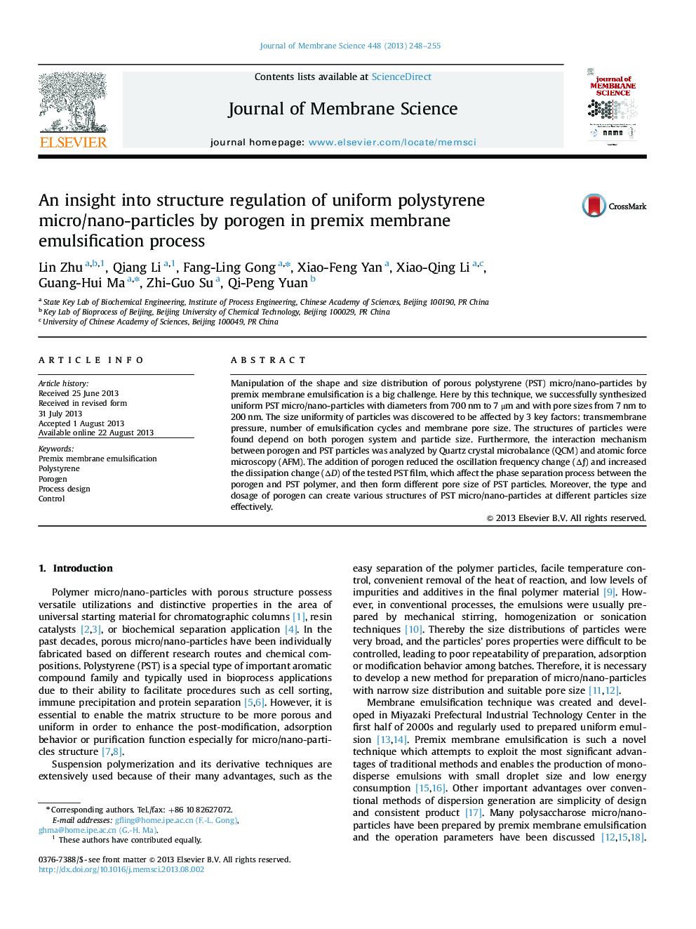 An insight into structure regulation of uniform polystyrene micro/nano-particles by porogen in premix membrane emulsification process