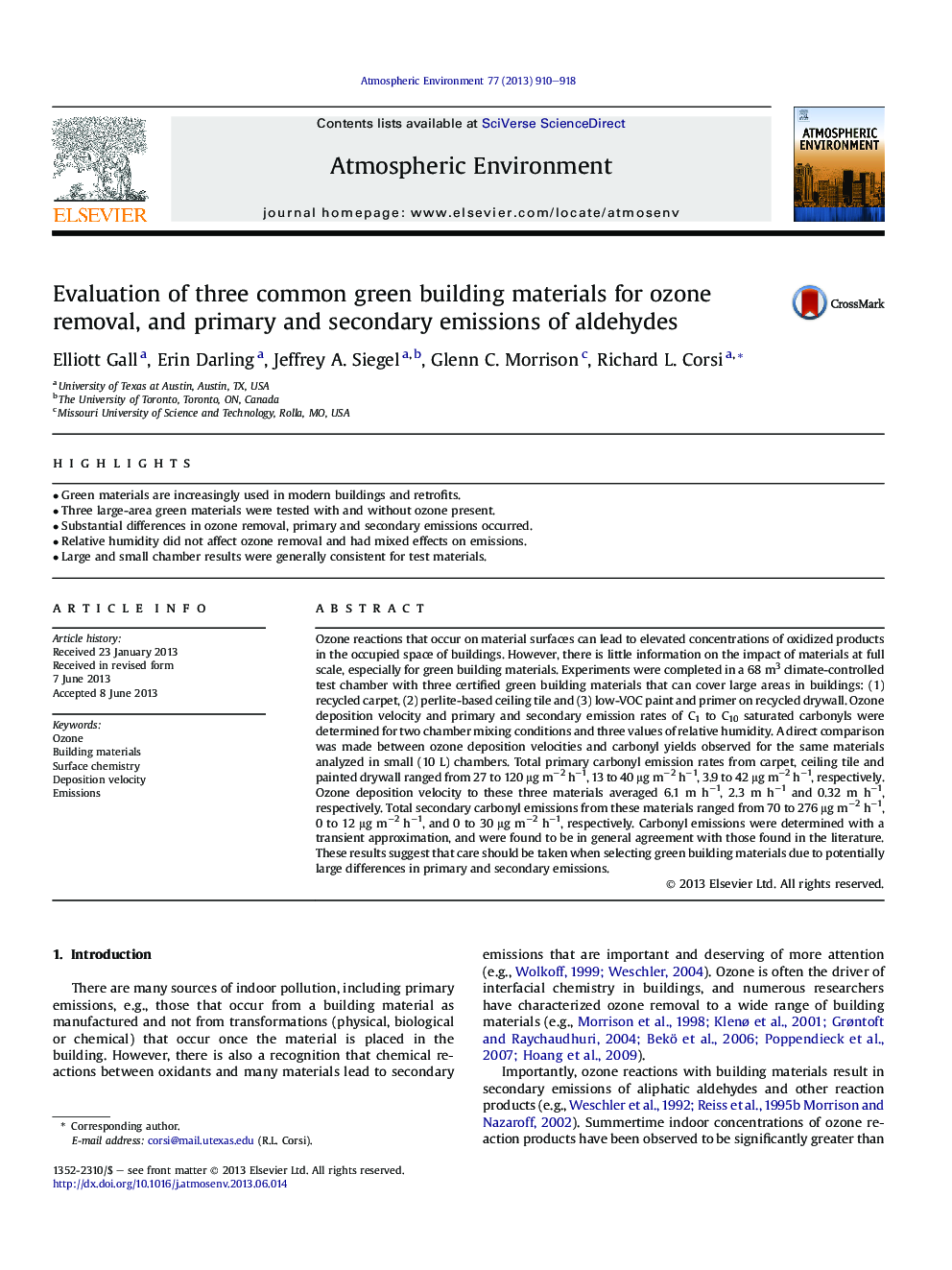 Evaluation of three common green building materials for ozone removal, and primary and secondary emissions of aldehydes