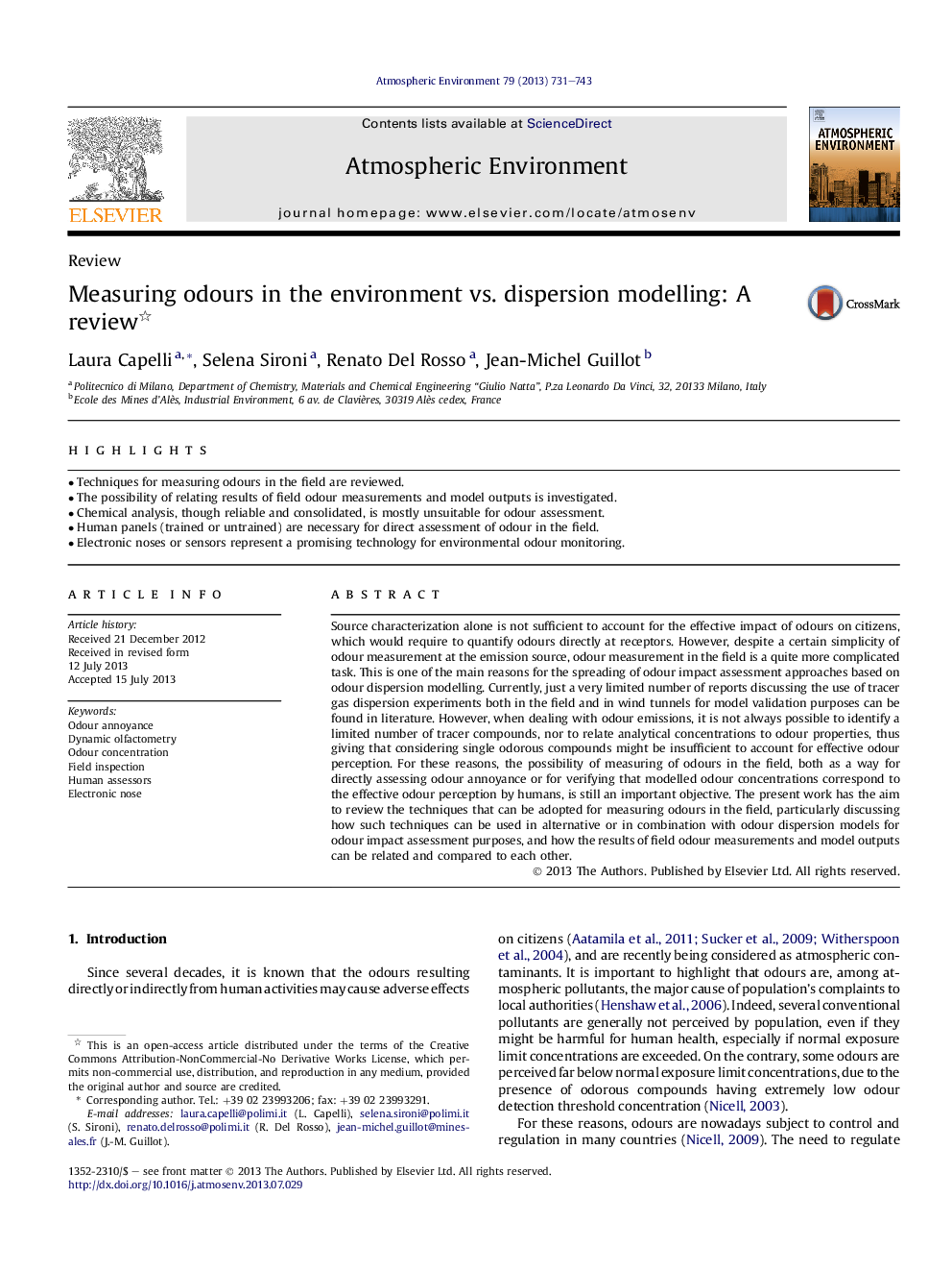 Measuring odours in the environment vs. dispersion modelling: A review