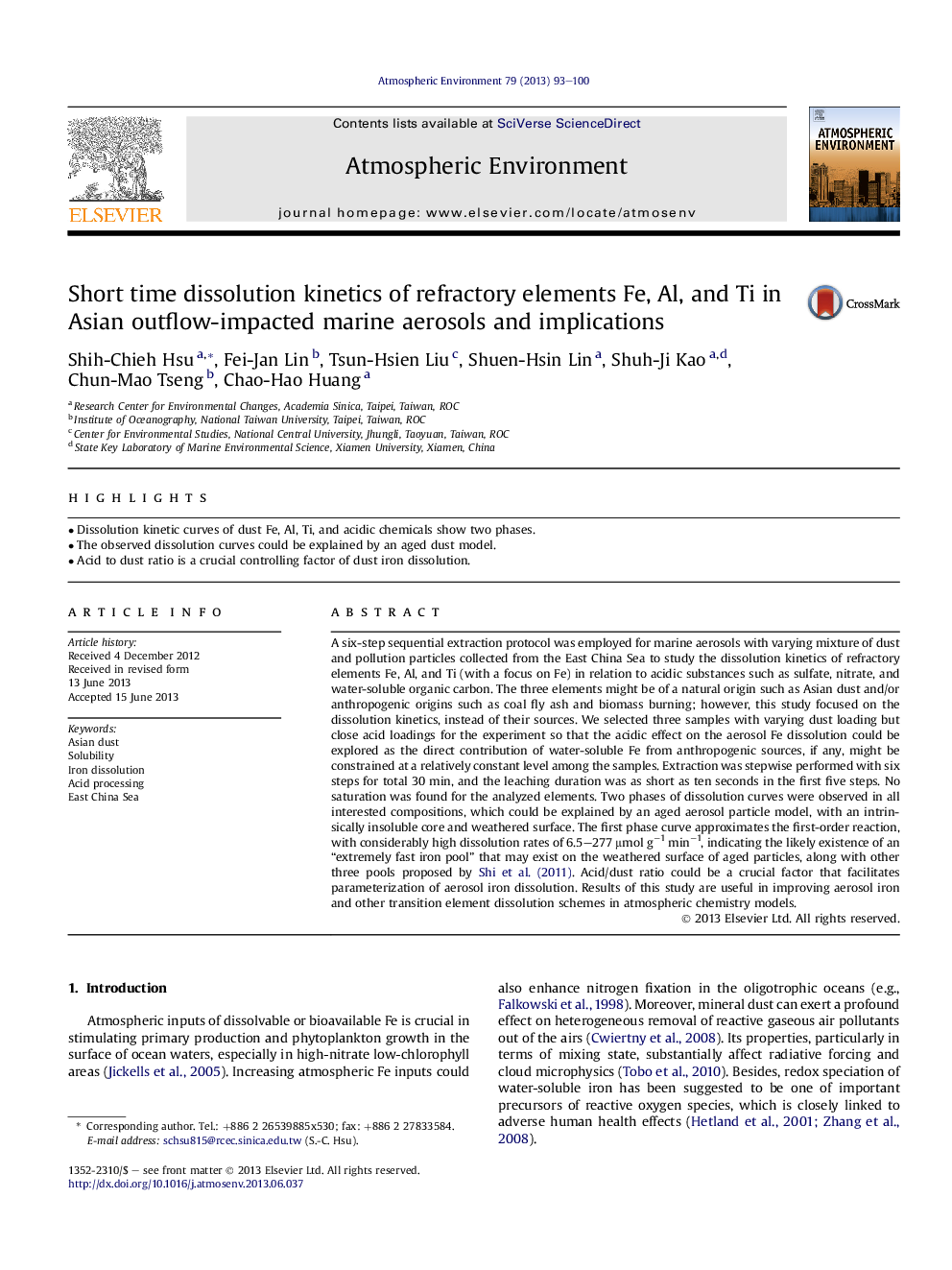 Short time dissolution kinetics of refractory elements Fe, Al, and Ti in Asian outflow-impacted marine aerosols and implications