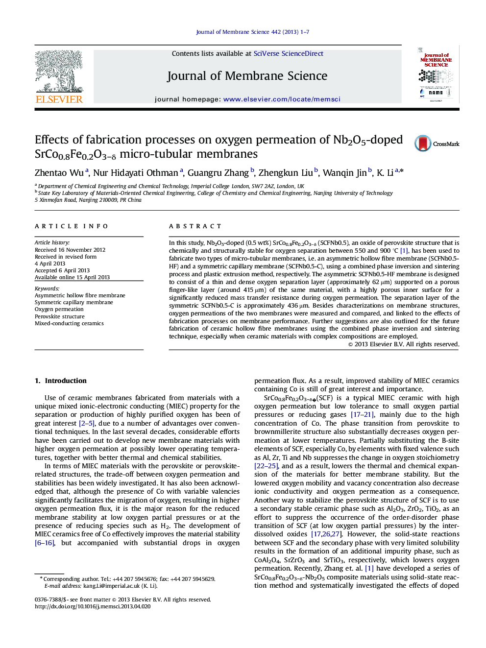 Effects of fabrication processes on oxygen permeation of Nb2O5-doped SrCo0.8Fe0.2O3âÎ´ micro-tubular membranes