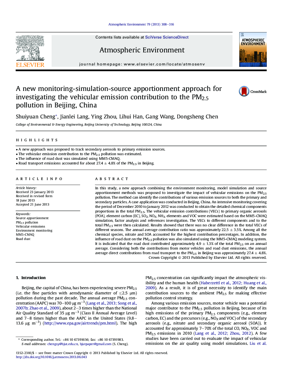 A new monitoring-simulation-source apportionment approach for investigating the vehicular emission contribution to the PM2.5 pollution in Beijing, China