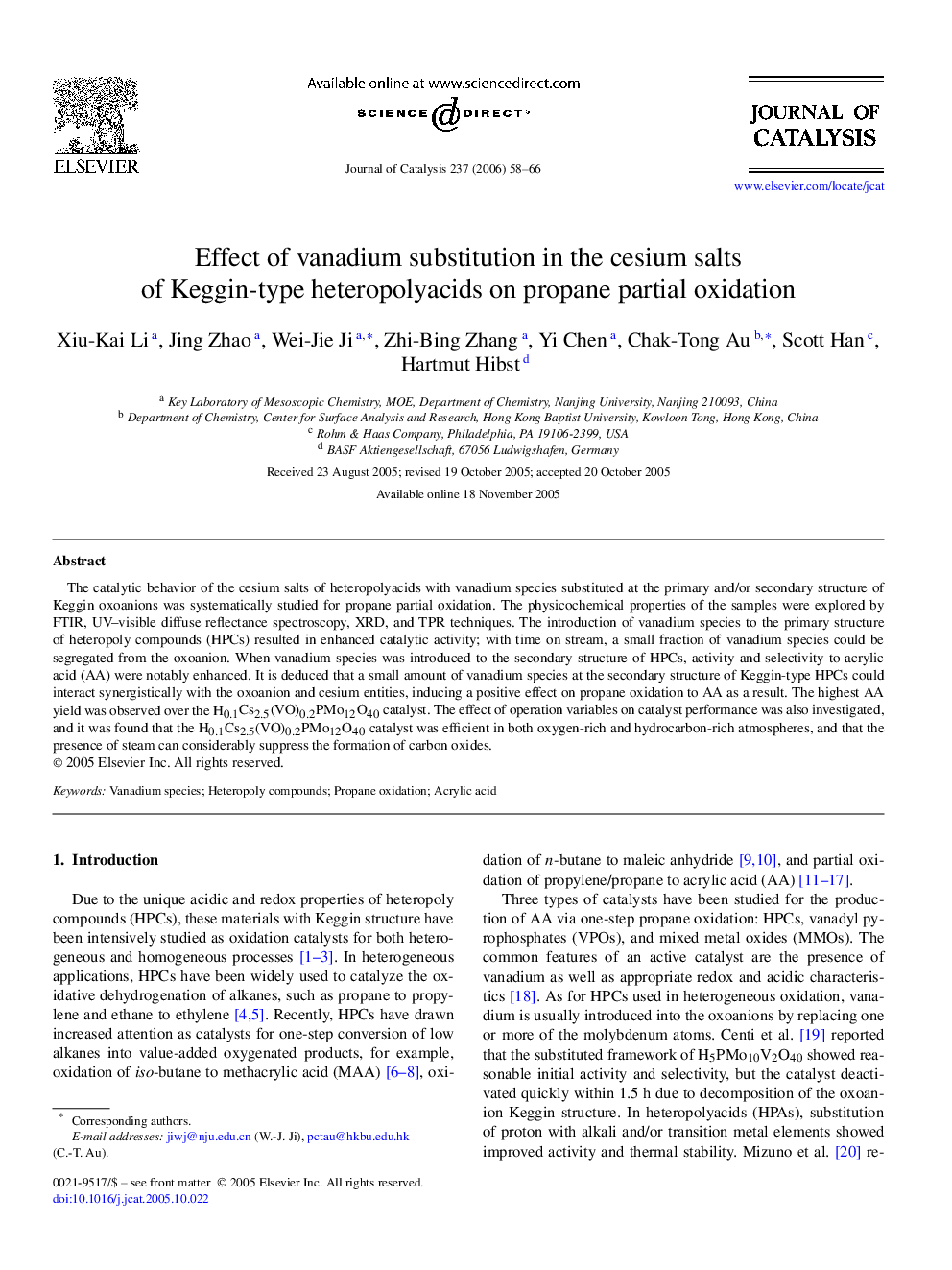 Effect of vanadium substitution in the cesium salts of Keggin-type heteropolyacids on propane partial oxidation