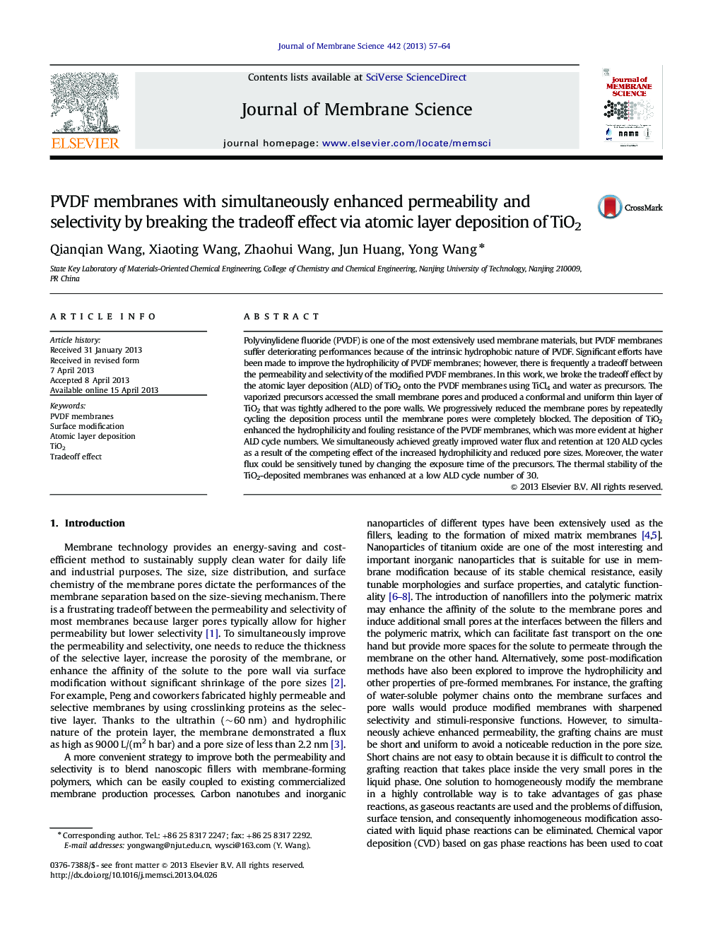 PVDF membranes with simultaneously enhanced permeability and selectivity by breaking the tradeoff effect via atomic layer deposition of TiO2