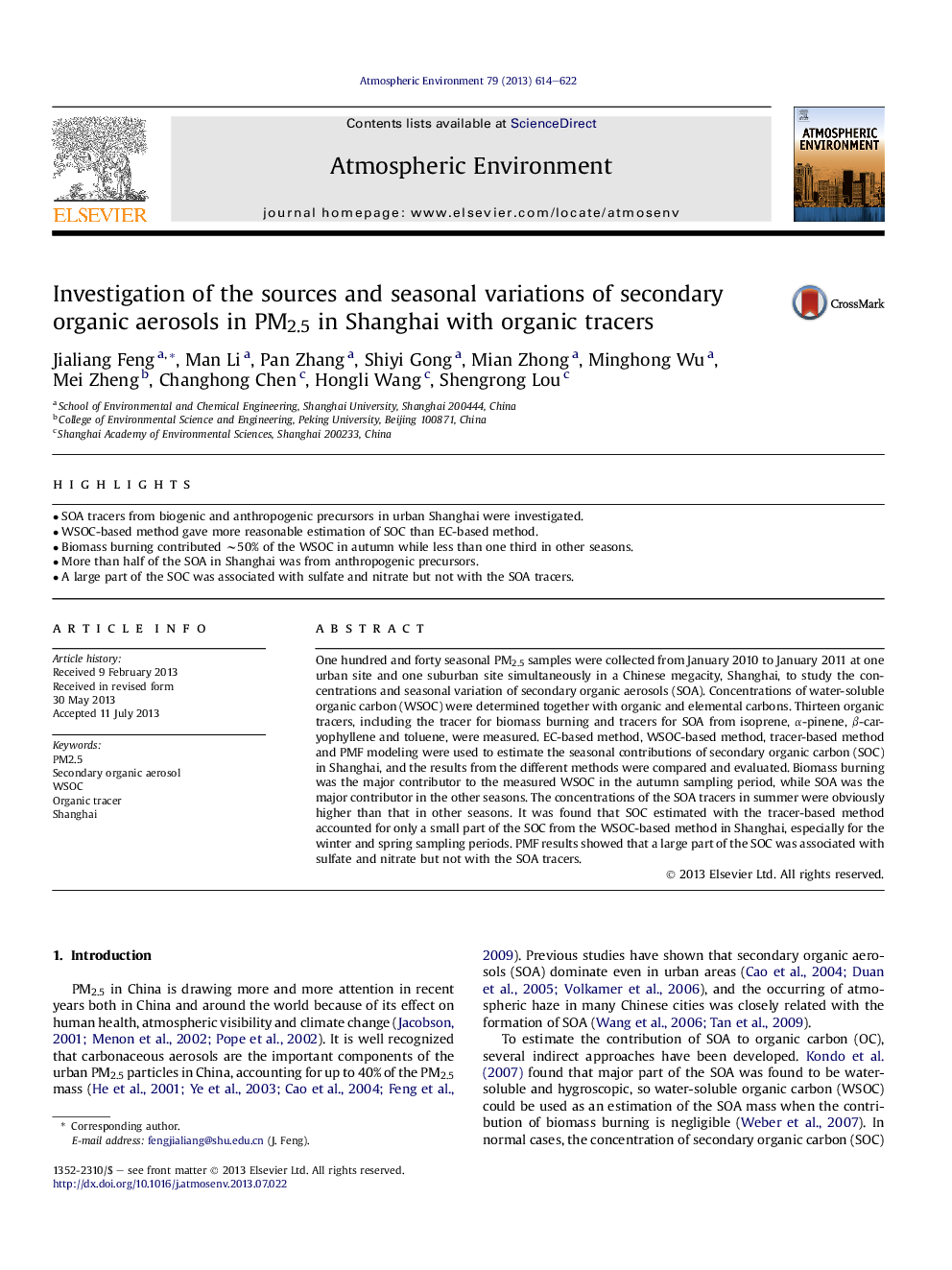 Investigation of the sources and seasonal variations of secondary organic aerosols in PM2.5 in Shanghai with organic tracers