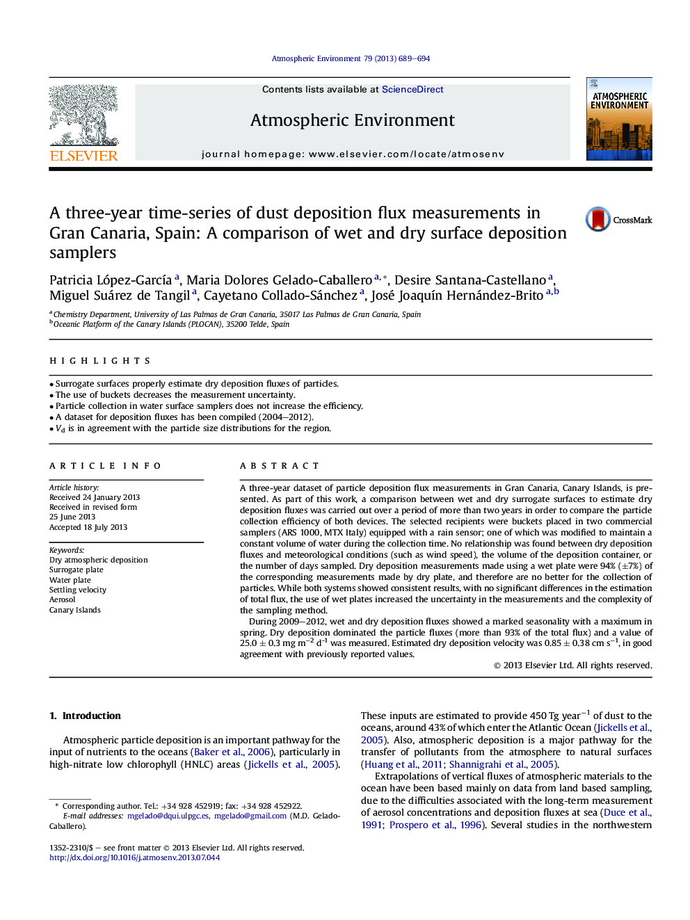 A three-year time-series of dust deposition flux measurements in Gran Canaria, Spain: A comparison of wet and dry surface deposition samplers