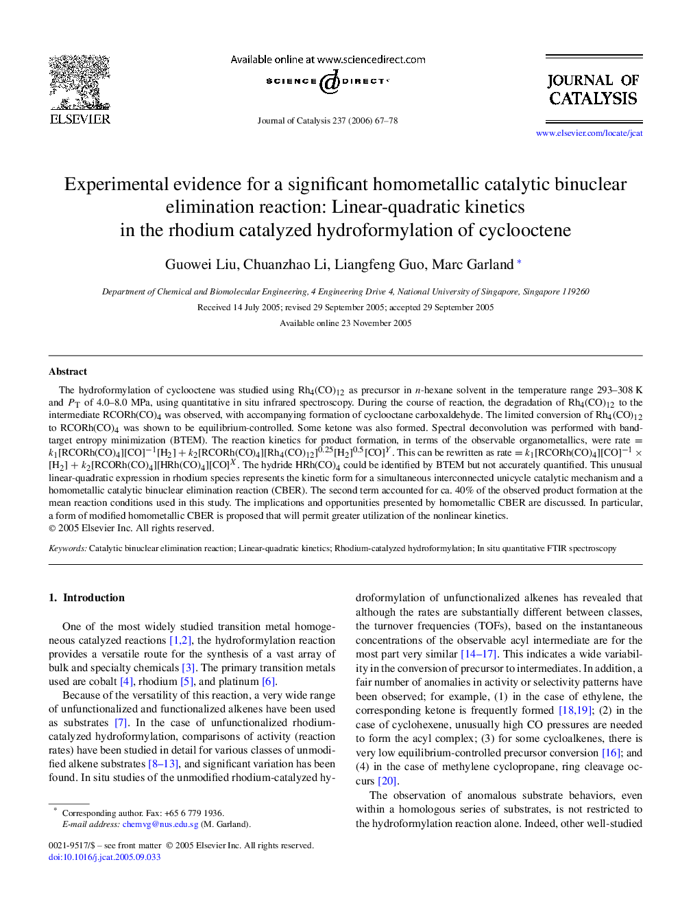 Experimental evidence for a significant homometallic catalytic binuclear elimination reaction: Linear-quadratic kinetics in the rhodium catalyzed hydroformylation of cyclooctene