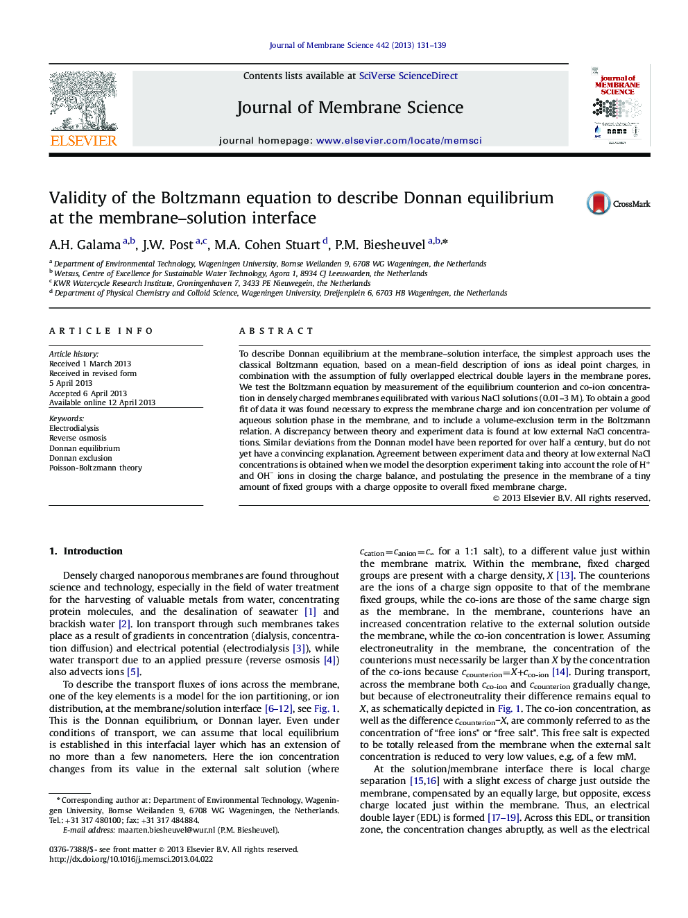 Validity of the Boltzmann equation to describe Donnan equilibrium at the membrane-solution interface