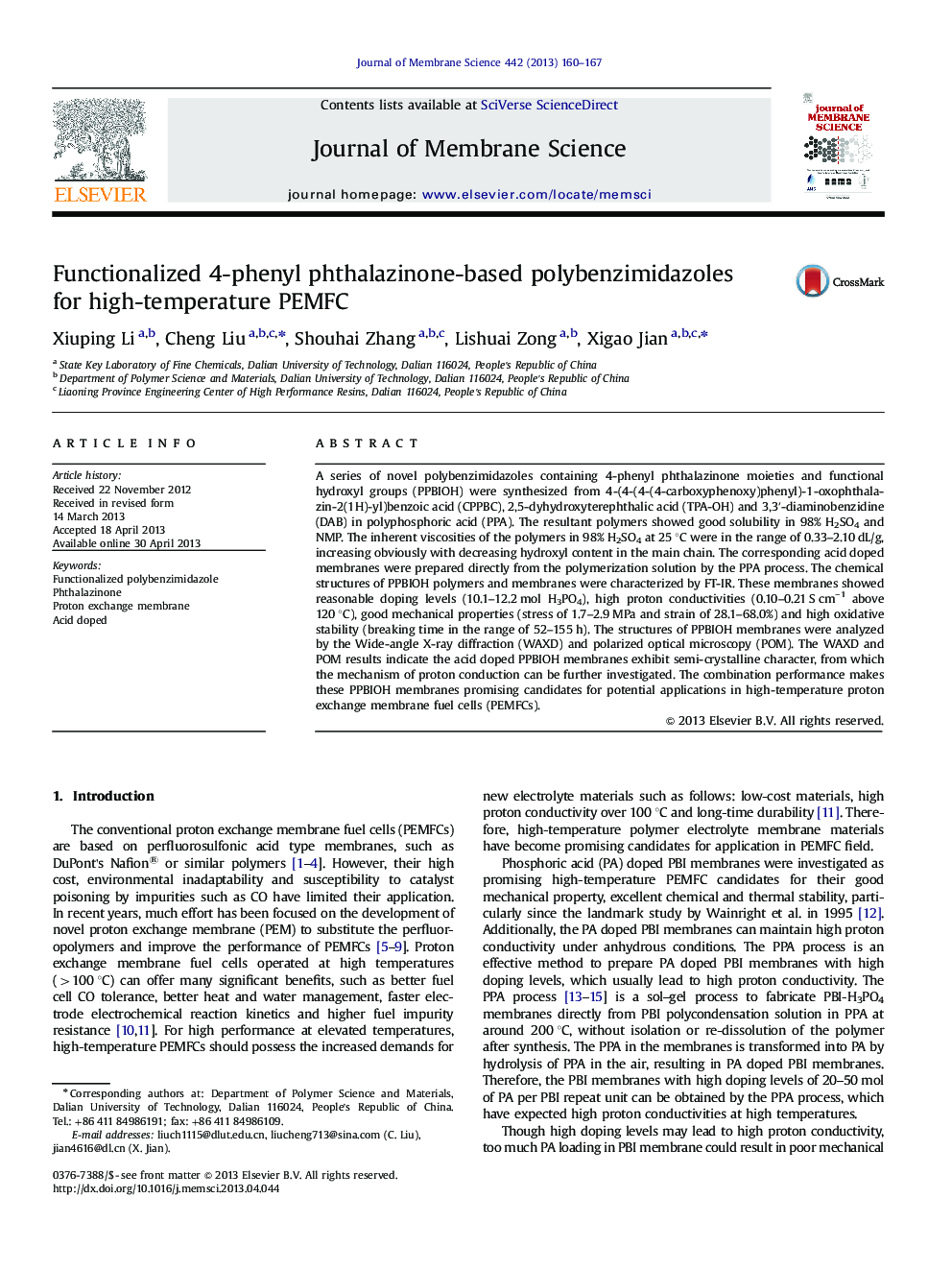 Functionalized 4-phenyl phthalazinone-based polybenzimidazoles for high-temperature PEMFC