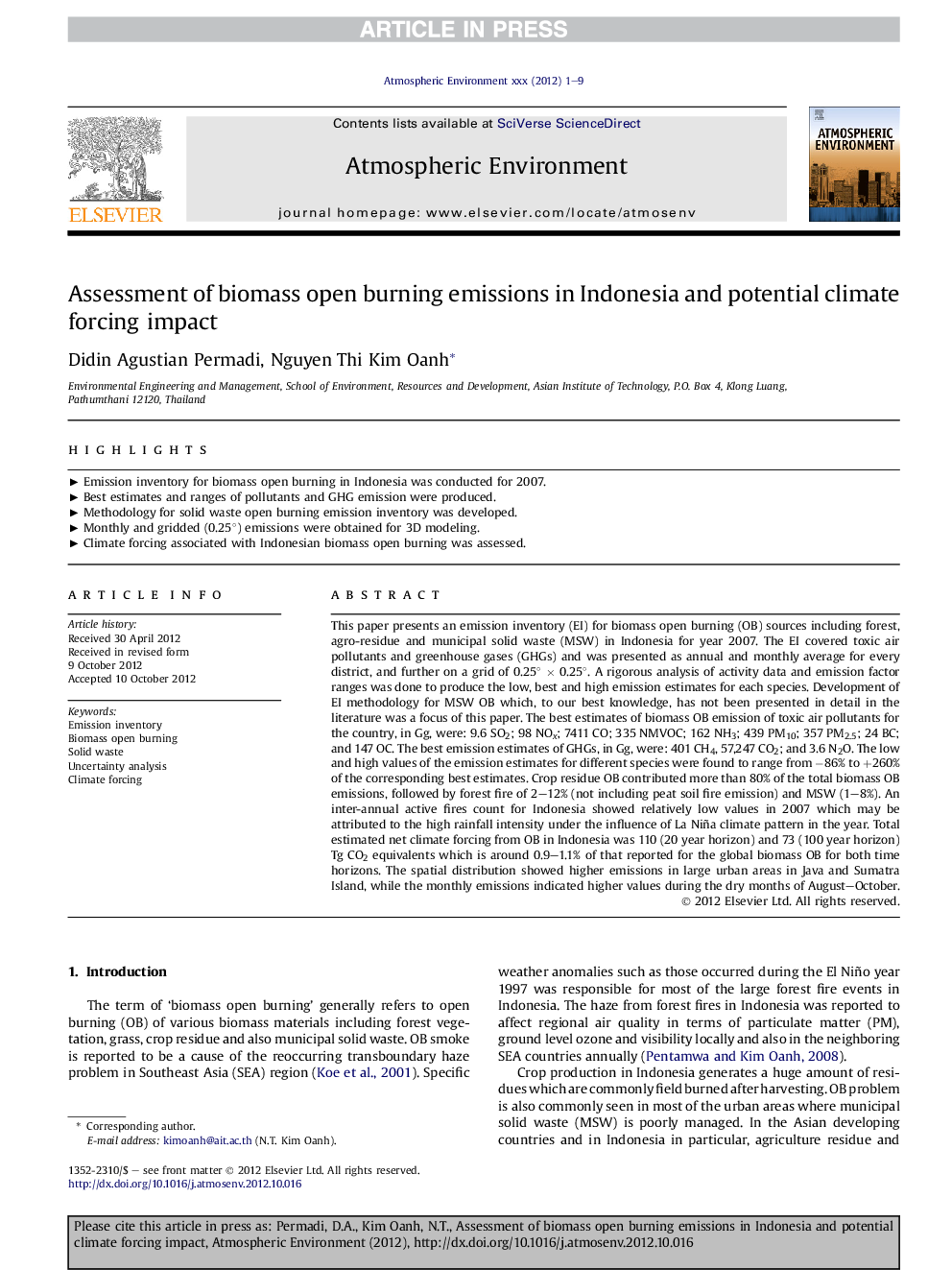 Assessment of biomass open burning emissions in Indonesia and potential climate forcing impact