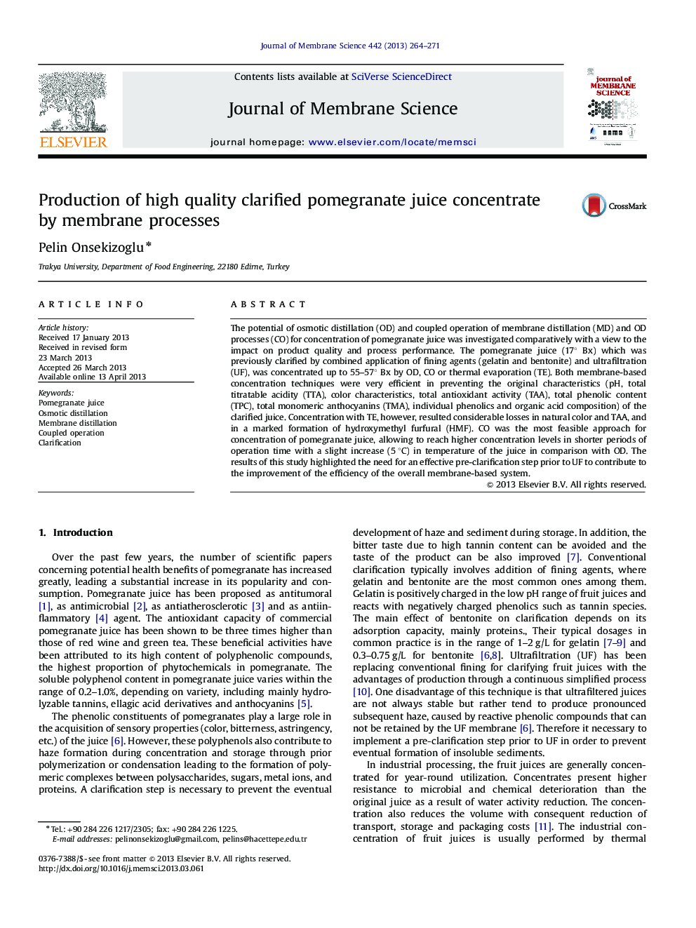 Production of high quality clarified pomegranate juice concentrate by membrane processes