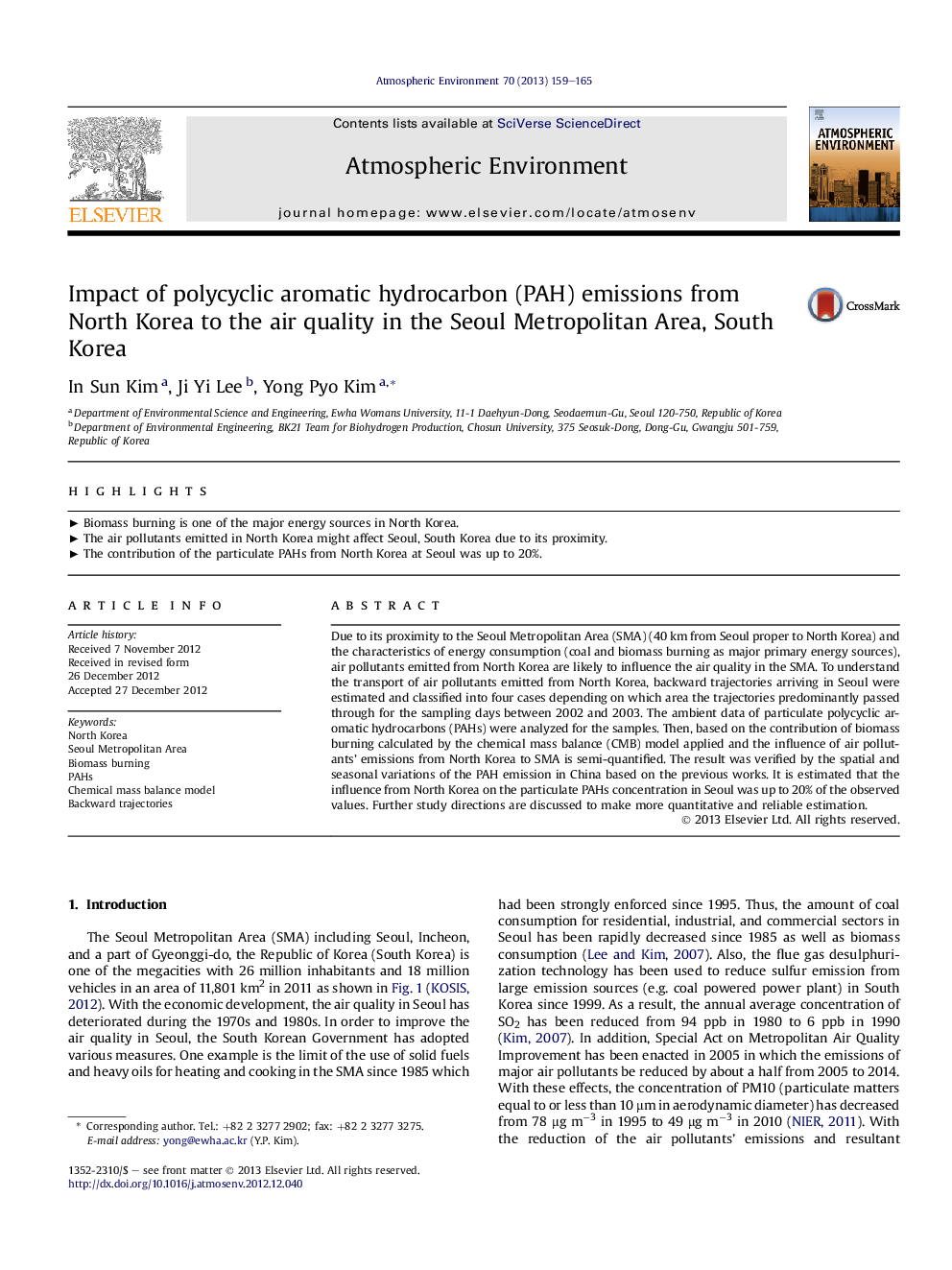 عکس صفحه اول مقاله: Impact of polycyclic aromatic hydrocarbon (PAH) emissions from North Korea to the air quality in the Seoul Metropolitan Area, South Korea Impact of polycyclic aromatic hydrocarbon (PAH) emissions from North Korea to the air quality in the Seoul Metropolitan Area, South Korea