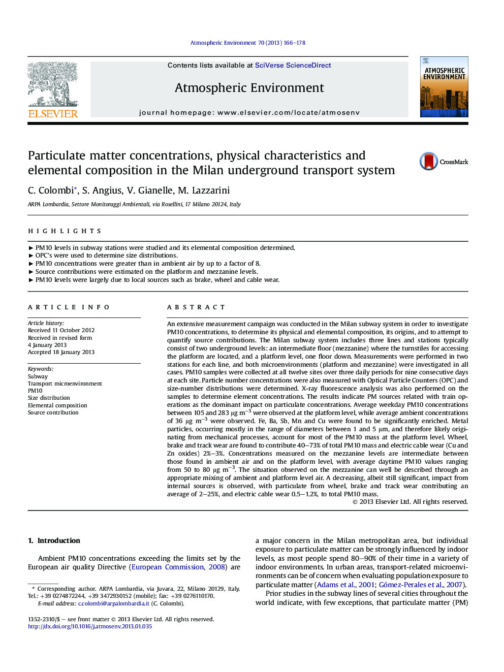 Particulate matter concentrations, physical characteristics and elemental composition in the Milan underground transport system