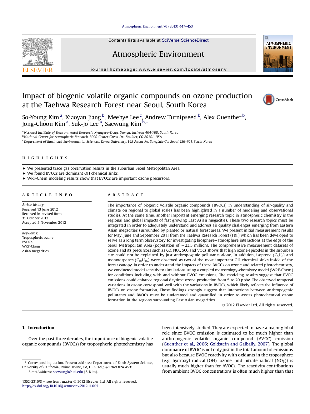 Impact of biogenic volatile organic compounds on ozone production at the Taehwa Research Forest near Seoul, South Korea